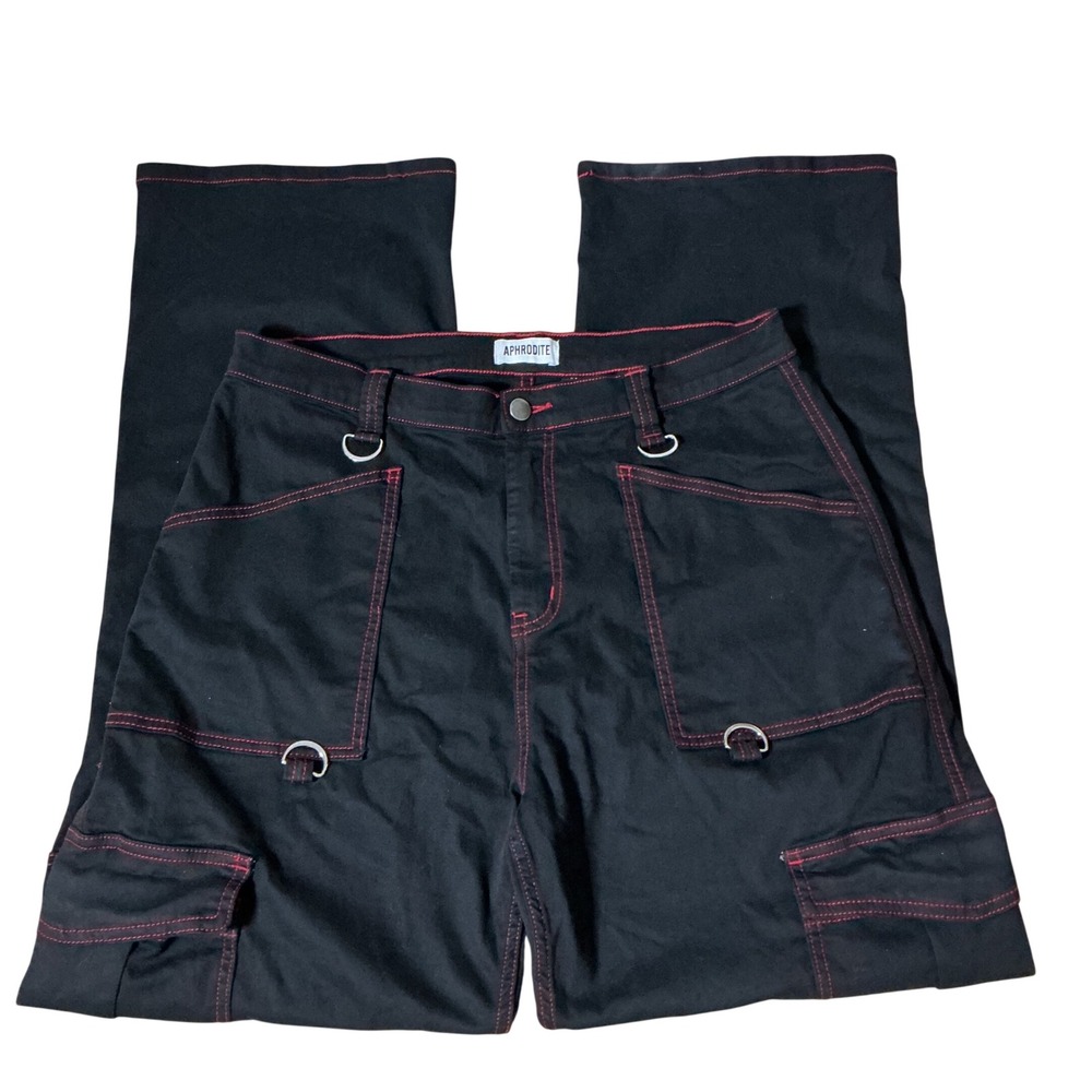 Aphrodite Goth Black Red Contrast Stitch Cargo Pants D-Ring Utility Sz 13 HT009
